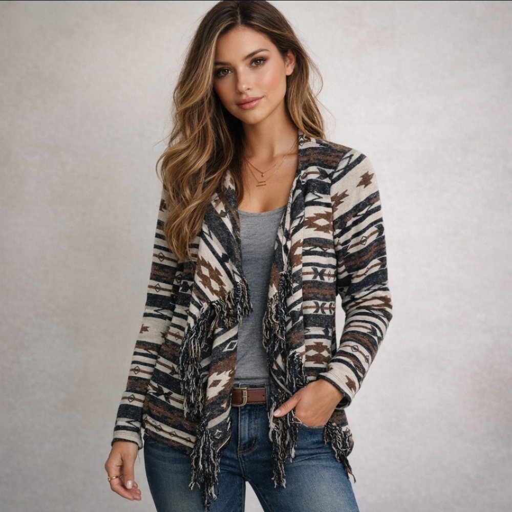 Me Jane Aztec Fringe Cardigan Open Front Boho Western Southwestern Wrap Jacket